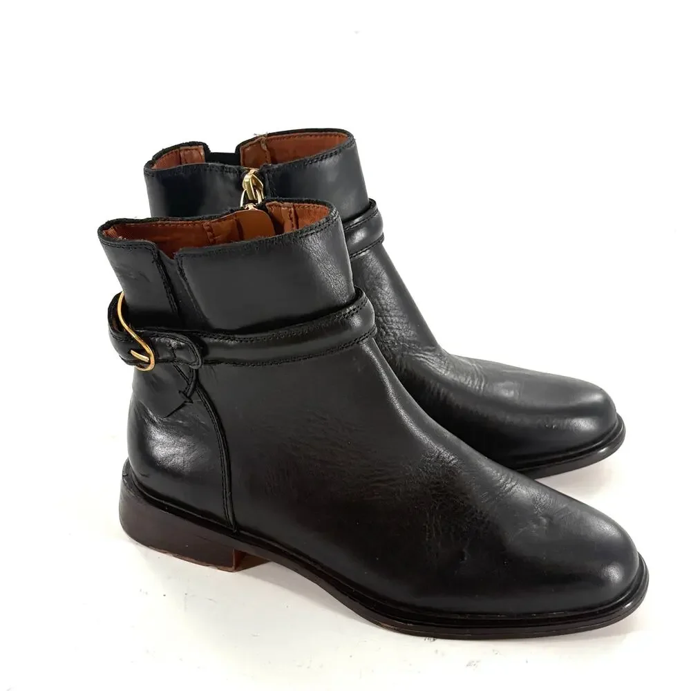 Franco Sarto Elese Leather Boots 6 Black NWOT Buckle Academia Prep Booties Zip